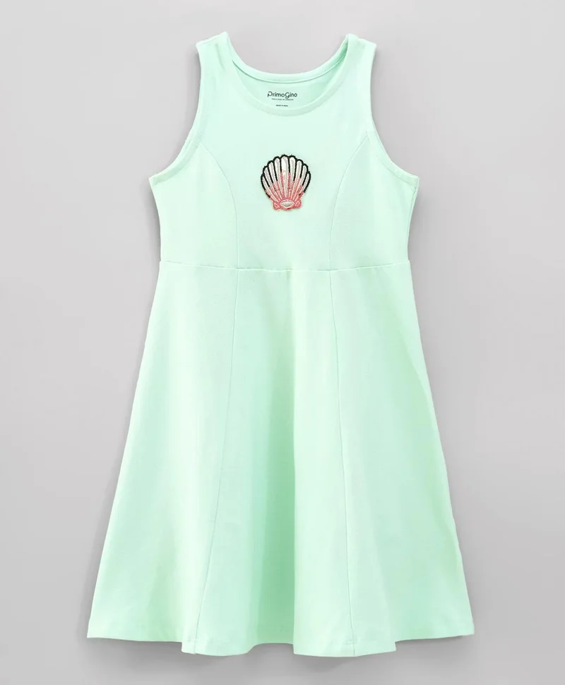 Primo Gino Primo Gino Princess Cut Sleeveless Dress in Stretchable Pique Fabric with Sea Shell Badge - Green