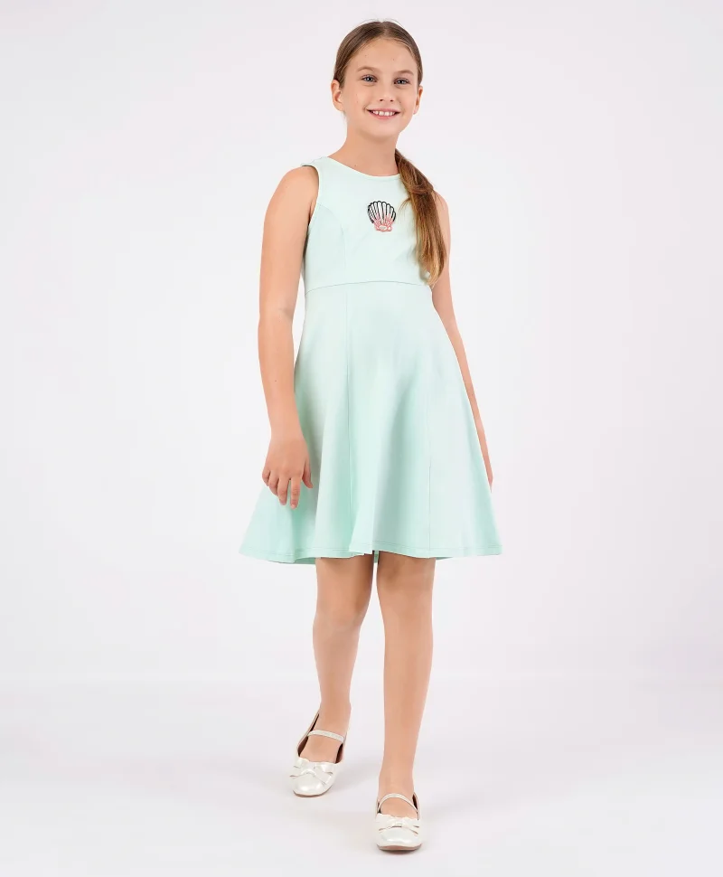 Primo Gino Primo Gino Princess Cut Sleeveless Dress in Stretchable Pique Fabric with Sea Shell Badge - Green