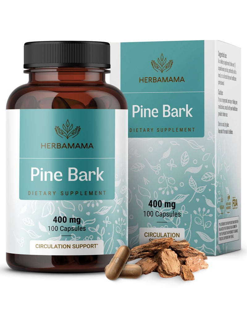 HERBAMAMA Pine Bark Extract Capsules 400mg French Maritime Pine Bark Extract Powder for Antioxidant Support Vegan NonGMO Pinus Pinaster Supplement 100 Caps