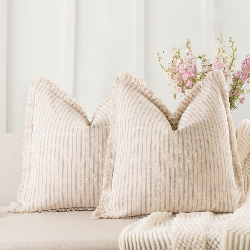 ZWJD Throw Pillow Covers 24x24 Set of 2 Striped Pillow Covers with Fringe Chic Cotton Decorative Pillows Square Cushion Covers for Sofa Couch Bed Living Room Farmhouse Decor Khaki - Image 2