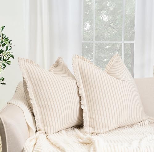 ZWJD Throw Pillow Covers 24x24 Set of 2 Striped Pillow Covers with Fringe Chic Cotton Decorative Pillows Square Cushion Covers for Sofa Couch Bed Living Room Farmhouse Decor Khaki - Image 3