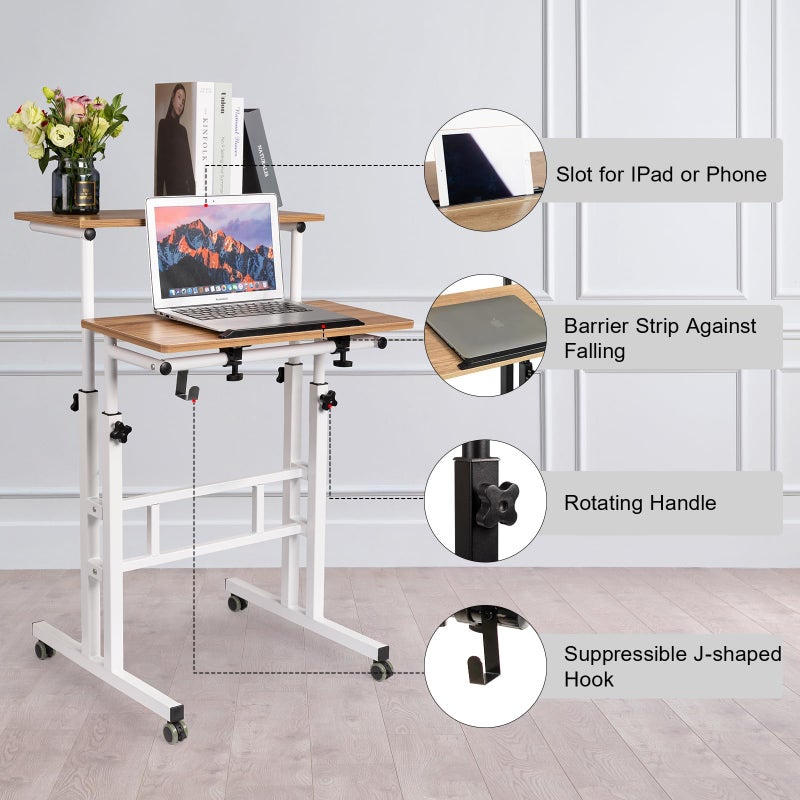 Hadulcet Mobile Standing Desk with Charging Station, Adjustable Standing Computer Desk, Standing Adjustable Laptop Cart with Wheels for Home Office Classroom Vintage Oak - Image 3