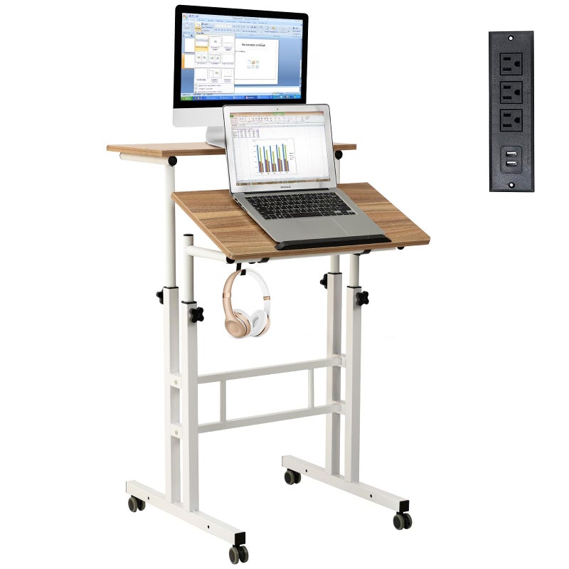 Hadulcet Mobile Standing Desk with Charging Station, Adjustable Standing Computer Desk, Standing Adjustable Laptop Cart with Wheels for Home Office Classroom Vintage Oak - Image 1
