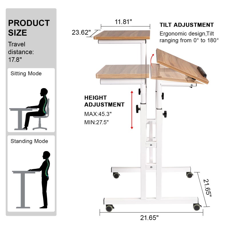 Hadulcet Mobile Standing Desk with Charging Station, Adjustable Standing Computer Desk, Standing Adjustable Laptop Cart with Wheels for Home Office Classroom Vintage Oak - Image 2