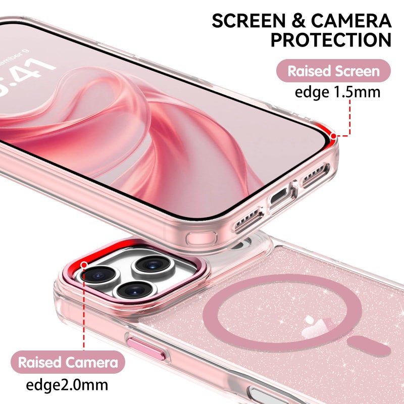 BENTOBEN Magnetic for iPhone 17 Pro Max Case,Clear Sparkly Glitter Phone Case [Compatible with MagSafe] Shockproof Cute Anti-Slip Anti-Yellow Women Girl Protective Cover for iPhone 17 Pro Max,Pink - Image 5