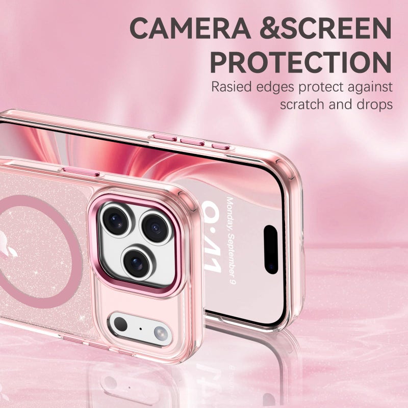 BENTOBEN Magnetic for iPhone 17 Pro Max Case,Clear Sparkly Glitter Phone Case [Compatible with MagSafe] Shockproof Cute Anti-Slip Anti-Yellow Women Girl Protective Cover for iPhone 17 Pro Max,Pink - Image 3
