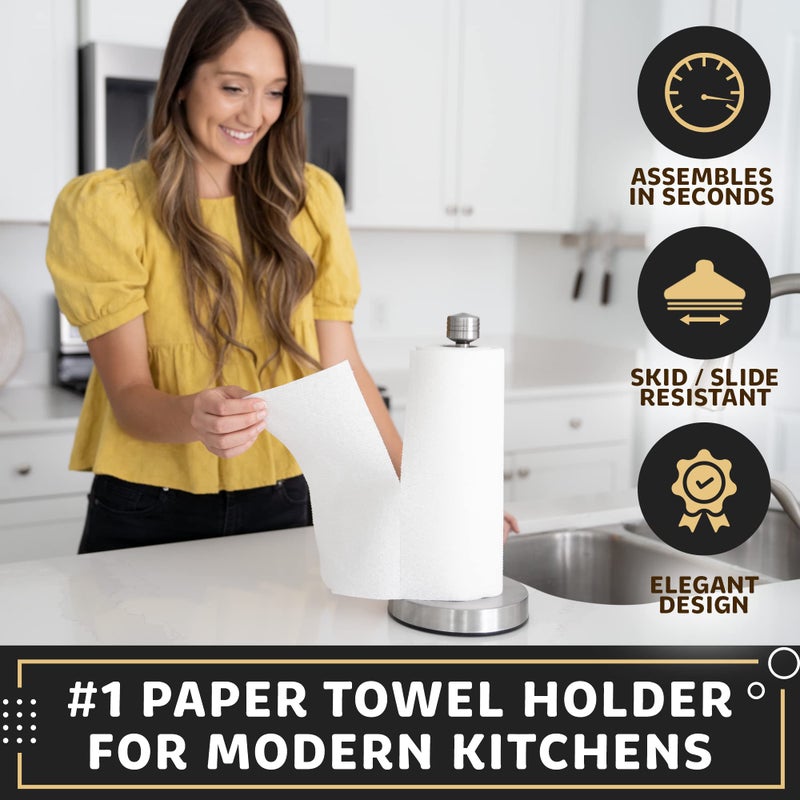 Dear Household حامل مناديل ورقية من الفولاذ المقاوم للصدأ من دير هاوسهولد سهل التشغيل بيد واحدة - هذا الموزع المتين للمناديل الورقية ذو الوزن المثالي يحتوي على أكواب شفط ويحتفظ بجميع لفات المناديل الورقية - فضي - Image 2