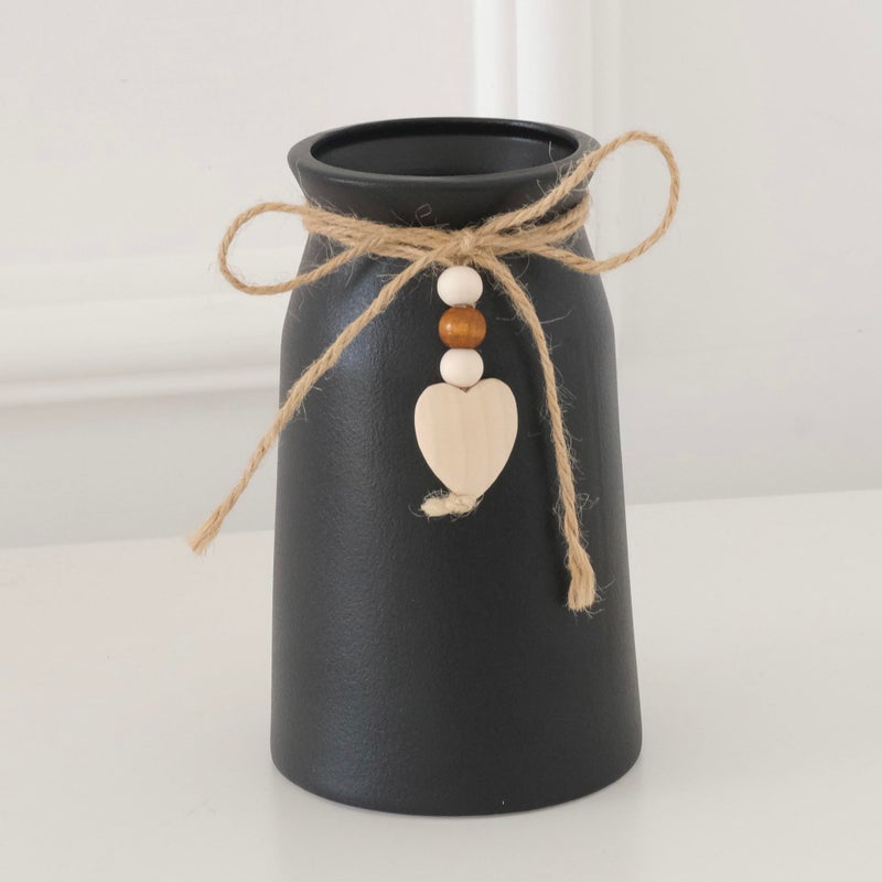 Premium Ceramic Vase with Jute Rope Heart Charm 6Inch Decorative Flower Vase for Modern Farmhouse Dcor Black Color