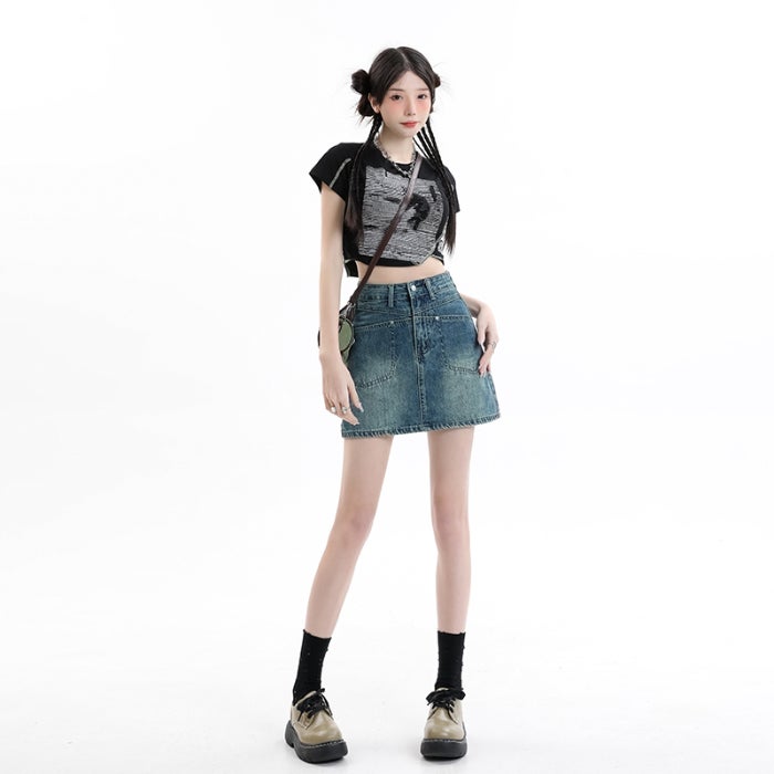 American Retro Denim Short Skirt Women'S Girl Small Hip-Wrapped High Waist Meat-Covering A- Line Short Skirt - Image 1