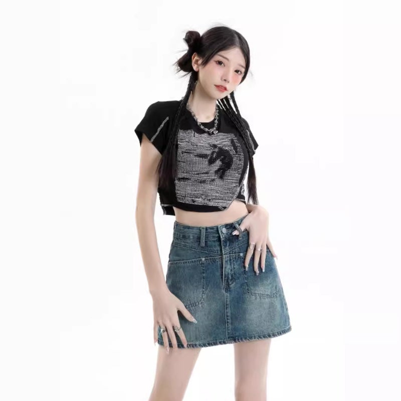 American Retro Denim Short Skirt Women'S Girl Small Hip-Wrapped High Waist Meat-Covering A- Line Short Skirt - Image 4