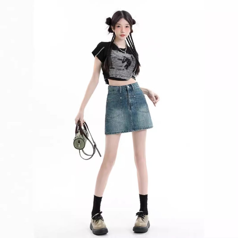 American Retro Denim Short Skirt Women'S Girl Small Hip-Wrapped High Waist Meat-Covering A- Line Short Skirt - Image 3