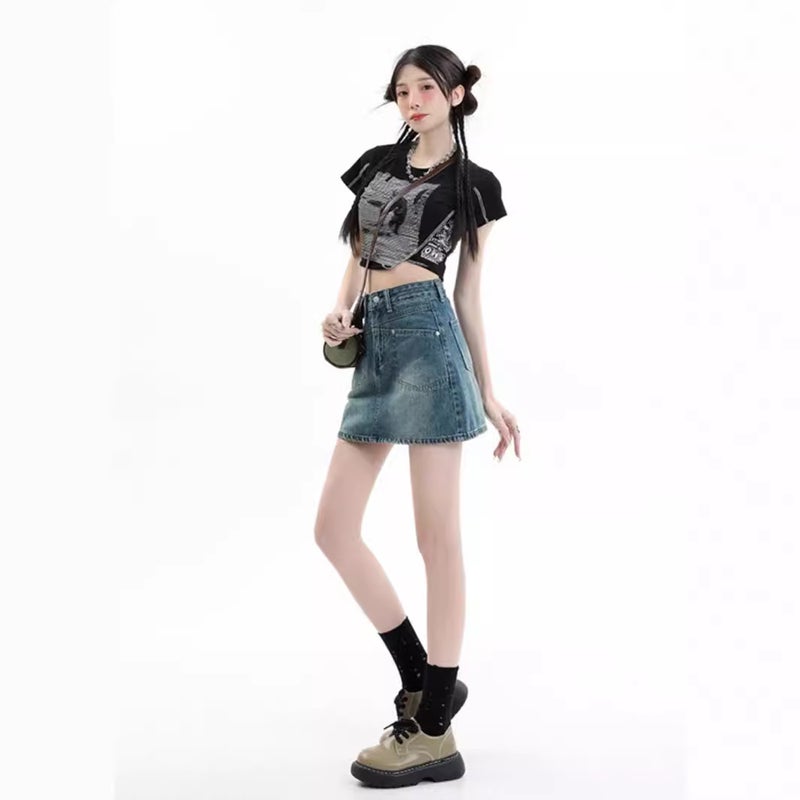 American Retro Denim Short Skirt Women'S Girl Small Hip-Wrapped High Waist Meat-Covering A- Line Short Skirt - Image 5