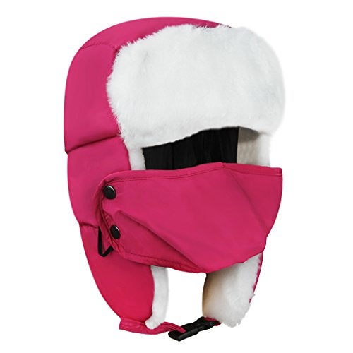 Fakeface Unisex Kids Teens Girls Boys Faux Fur Winter Warm Trapper Hat with Ear Flaps,Windproof Face Mask Fleece Thermal Outdoor Snow Ski Russian Ushanka Cap Trapper Trooper Pilot Aviator Hat Headwear - Pink - - Image 1