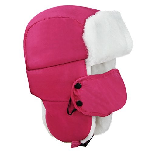 Fakeface Unisex Kids Teens Girls Boys Faux Fur Winter Warm Trapper Hat with Ear Flaps,Windproof Face Mask Fleece Thermal Outdoor Snow Ski Russian Ushanka Cap Trapper Trooper Pilot Aviator Hat Headwear - Pink - - Image 4