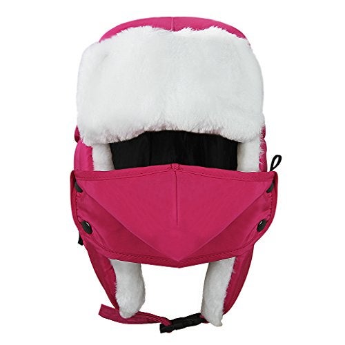 Fakeface Unisex Kids Teens Girls Boys Faux Fur Winter Warm Trapper Hat with Ear Flaps,Windproof Face Mask Fleece Thermal Outdoor Snow Ski Russian Ushanka Cap Trapper Trooper Pilot Aviator Hat Headwear - Pink - - Image 2