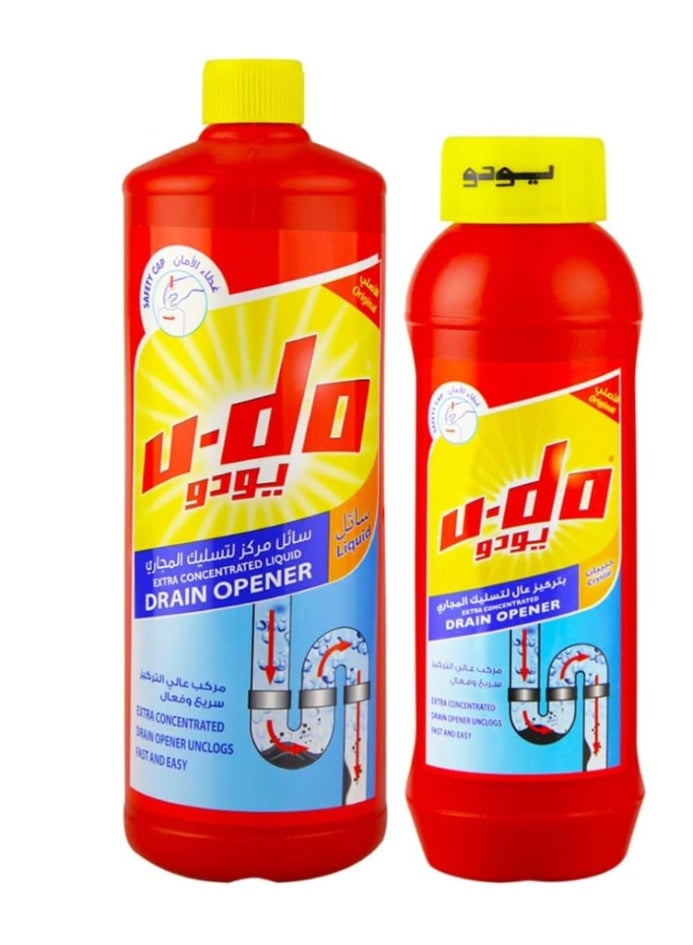 أودو سائل يو-دو القوي لفتح المجاري، عبوة من قطعتين، سعة 1 لتر، سائل وكريستال، لتنظيف مجاري الحمامات والأحواض والمراحيض والمطابخ، يزيل الانسدادات. - Image 1