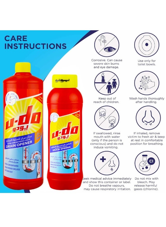 أودو سائل يو-دو القوي لفتح المجاري، عبوة من قطعتين، سعة 1 لتر، سائل وكريستال، لتنظيف مجاري الحمامات والأحواض والمراحيض والمطابخ، يزيل الانسدادات. - Image 2