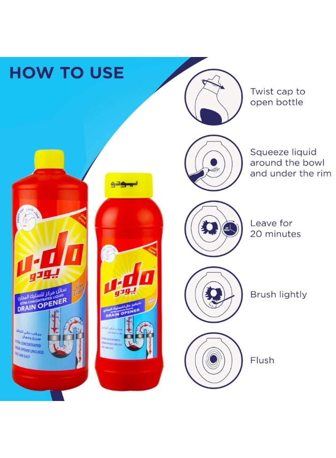 أودو سائل يو-دو القوي لفتح المجاري، عبوة من قطعتين، سعة 1 لتر، سائل وكريستال، لتنظيف مجاري الحمامات والأحواض والمراحيض والمطابخ، يزيل الانسدادات. - Image 3