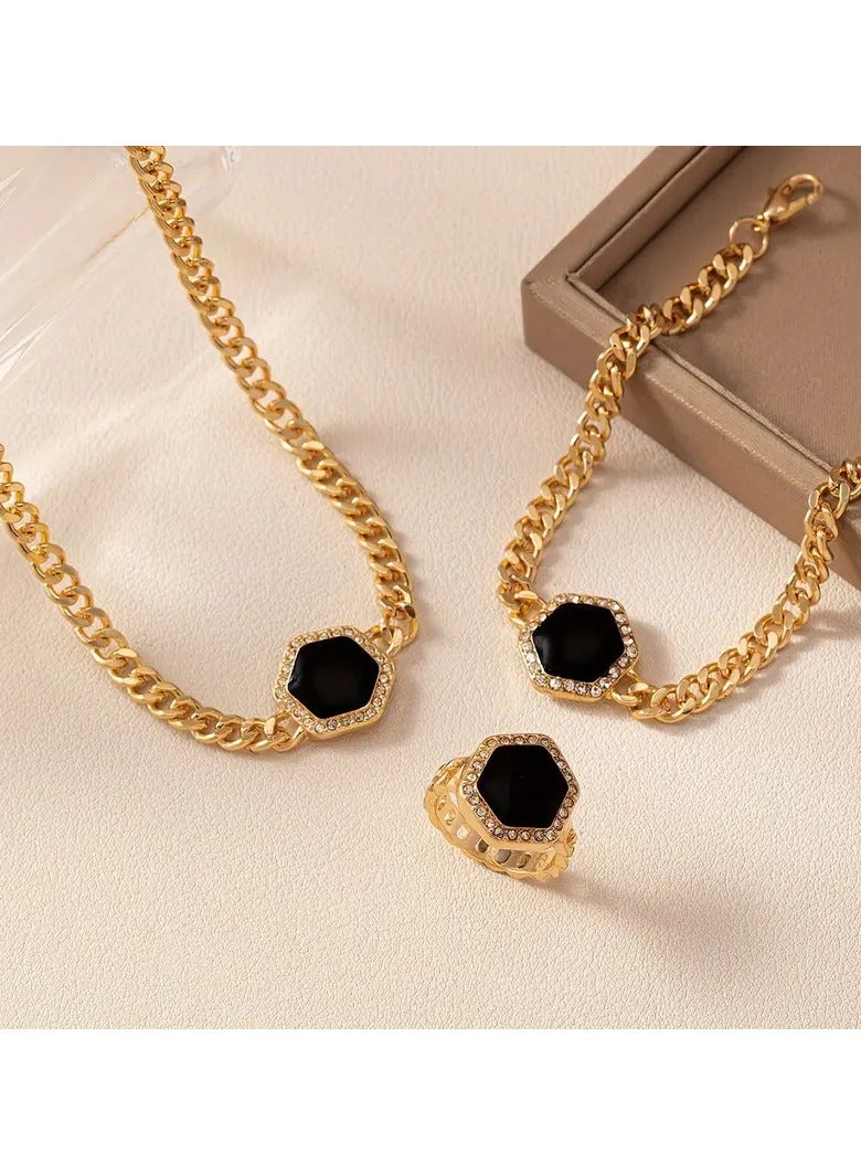 Goolsky مجموعة واحدة من قلادة وخاتم وسوار أسود سداسي بسيط 3 قطع من المجوهرات للنساء لملحقات الحفلات - Image 2
