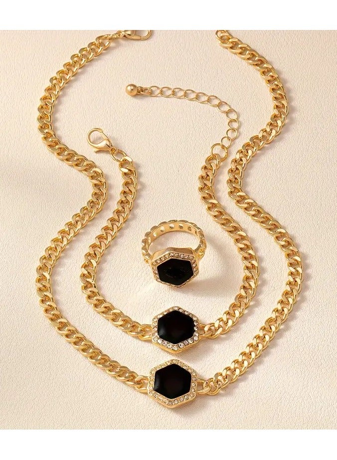 Goolsky مجموعة واحدة من قلادة وخاتم وسوار أسود سداسي بسيط 3 قطع من المجوهرات للنساء لملحقات الحفلات - Image 3