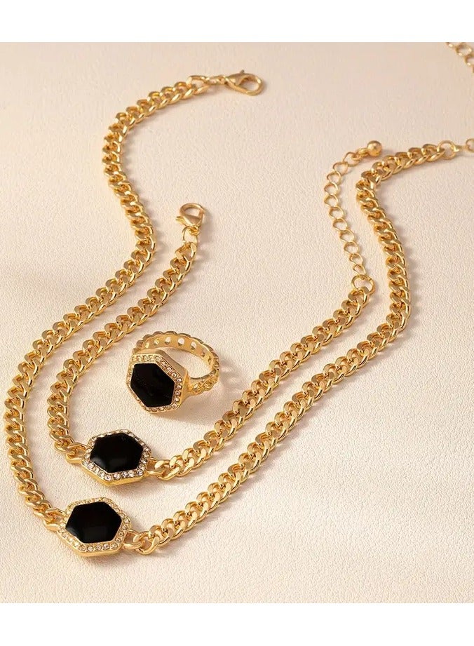 Goolsky مجموعة واحدة من قلادة وخاتم وسوار أسود سداسي بسيط 3 قطع من المجوهرات للنساء لملحقات الحفلات - Image 5