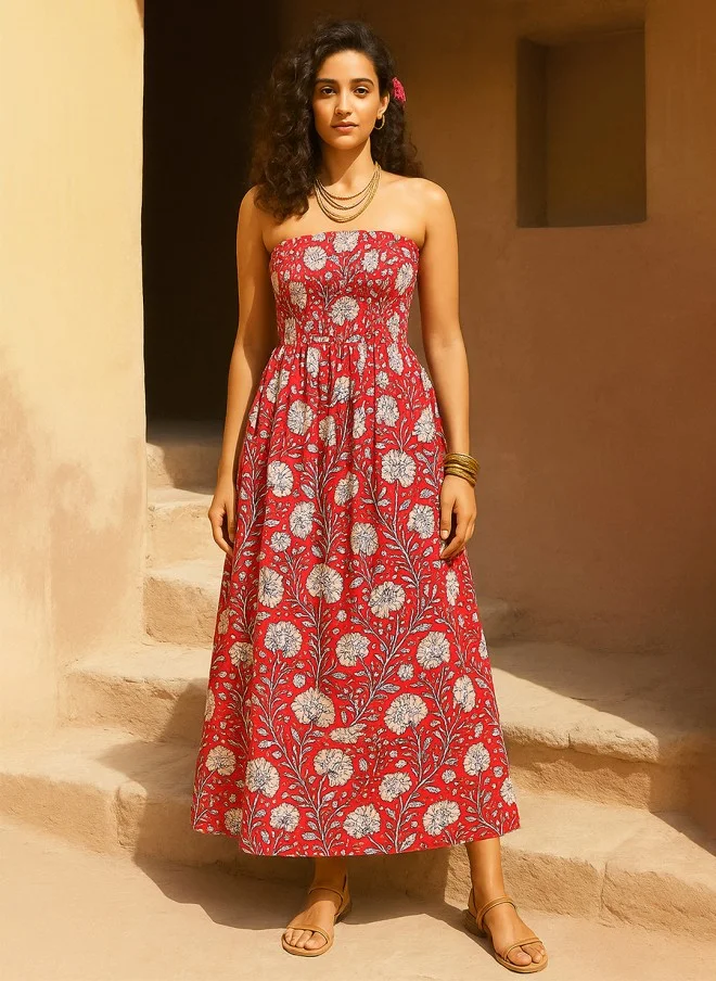 SASSAFRAS Floral Print Cotton Off-Shoulder Maxi Dress for Women