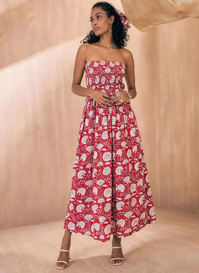 SASSAFRAS Floral Print Cotton Off-Shoulder Maxi Dress for Women