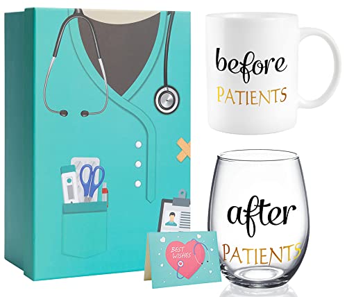 PUGED Before Patients After Patients Gift Set 11 oz Coffee Mug and 18 oz Stemless Wine Glass with Gift Package for Dentist Nurses Day Graduation Gifts (Blue) - Image 1