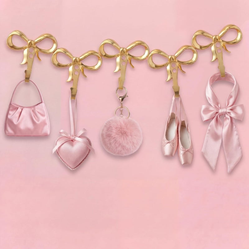 Otoolling 1 Set Gold FiveBows Wall Hooks Small Wall Mounted Functional Hooks Gold Decorative Coat Holder Metal Bowknot Door Hanger for Hats Bags Tie Bath Towels Coats - Image 2