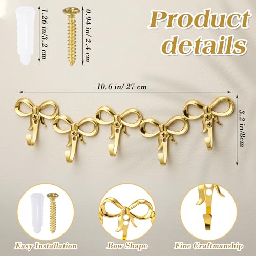 Otoolling 1 Set Gold FiveBows Wall Hooks Small Wall Mounted Functional Hooks Gold Decorative Coat Holder Metal Bowknot Door Hanger for Hats Bags Tie Bath Towels Coats - Image 3
