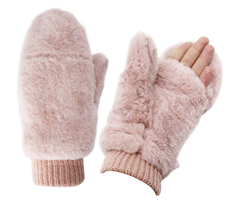 JUMISEE Women Winter Faux Fur Flip Cover Mittens Warm Soft Half Finger Fingerless Gloves - Image 1