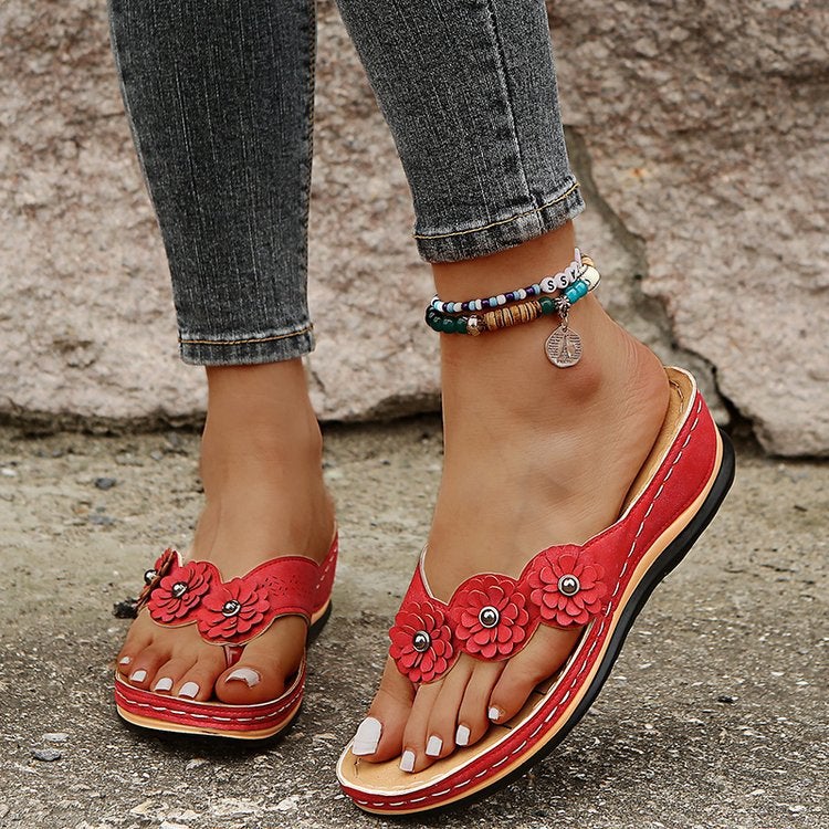 Sandals and slippers women's 2022 summer new three flower slippers thick bottom flip-flops flip-flops beach flip-flops women's sandals red 38 - Image 2