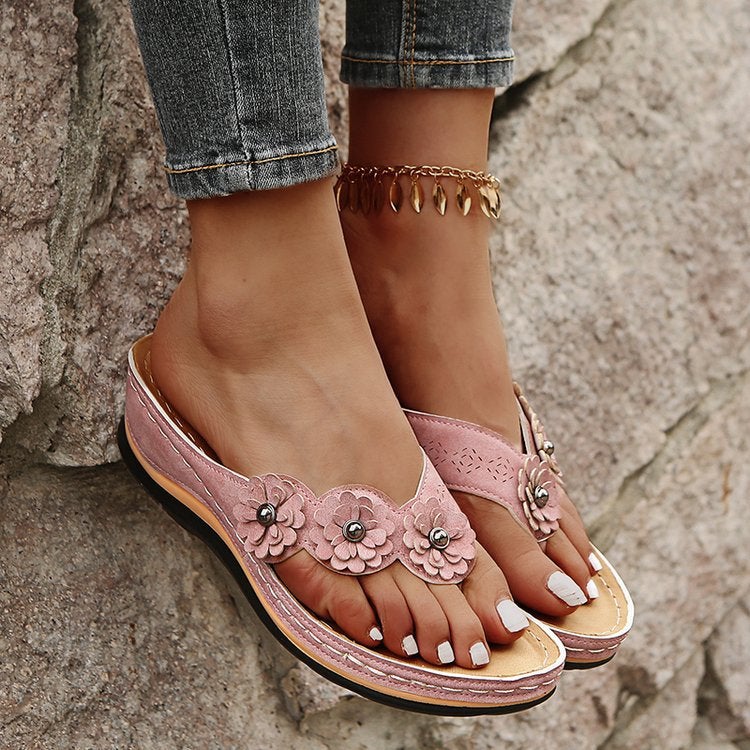 Sandals and slippers women's 2022 summer new three flower slippers thick bottom flip-flops flip-flops beach flip-flops women's sandals red 38 - Image 3