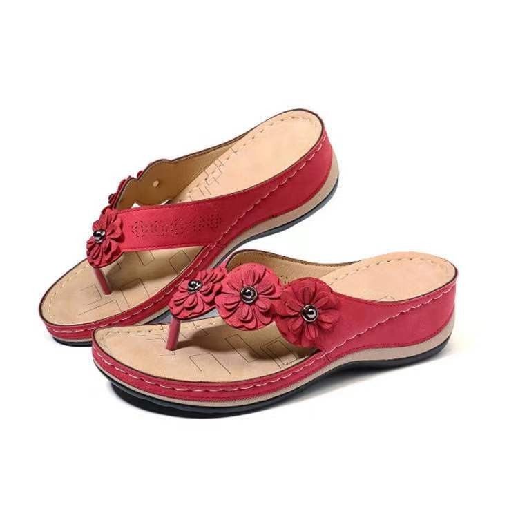 Sandals and slippers women's 2022 summer new three flower slippers thick bottom flip-flops flip-flops beach flip-flops women's sandals red 38 - Image 1