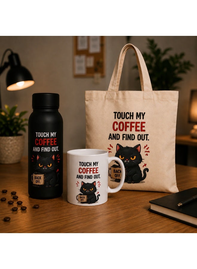 Angry Cat™ Gift Set: Thermal Bottle (500ml), Ceramic Mug, & Canvas Tote Bag - "Touch My Coffee and Find Out" Design - Image 1