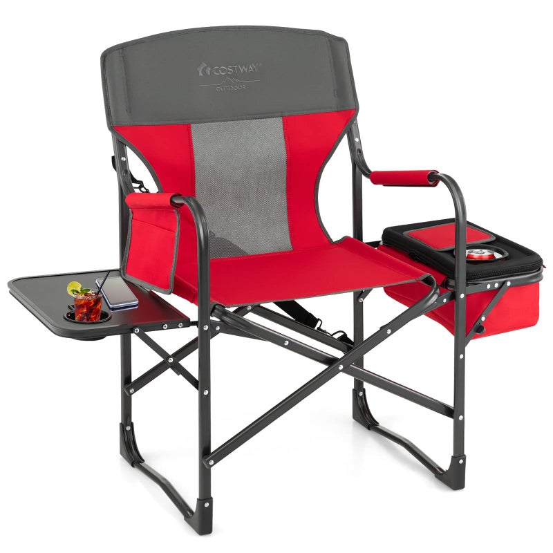 COSTWAY Folding Camping Chair, Heavy-Duty Director Chair Supports 400lbs for Adults with Side Table, Cooler Bag, Storage, Strap, Portable Makeup Chair Suitable for Fishing Picnic, Red - Image 1
