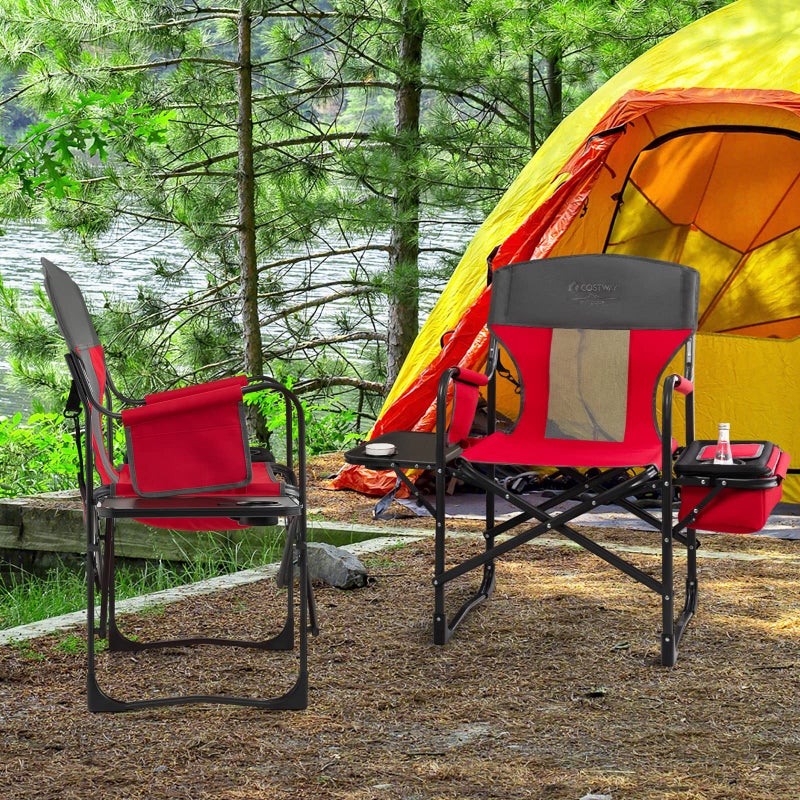 COSTWAY Folding Camping Chair, Heavy-Duty Director Chair Supports 400lbs for Adults with Side Table, Cooler Bag, Storage, Strap, Portable Makeup Chair Suitable for Fishing Picnic, Red - Image 3