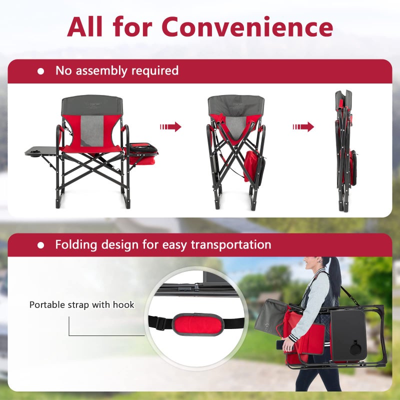 COSTWAY Folding Camping Chair, Heavy-Duty Director Chair Supports 400lbs for Adults with Side Table, Cooler Bag, Storage, Strap, Portable Makeup Chair Suitable for Fishing Picnic, Red - Image 4