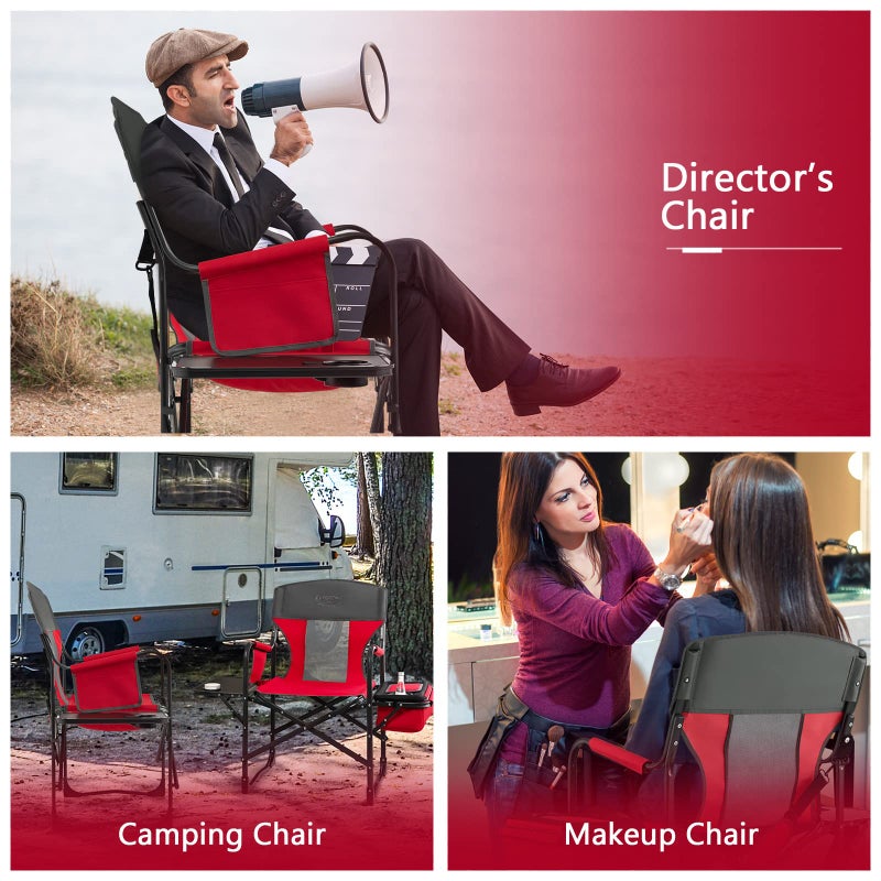 COSTWAY Folding Camping Chair, Heavy-Duty Director Chair Supports 400lbs for Adults with Side Table, Cooler Bag, Storage, Strap, Portable Makeup Chair Suitable for Fishing Picnic, Red - Image 5