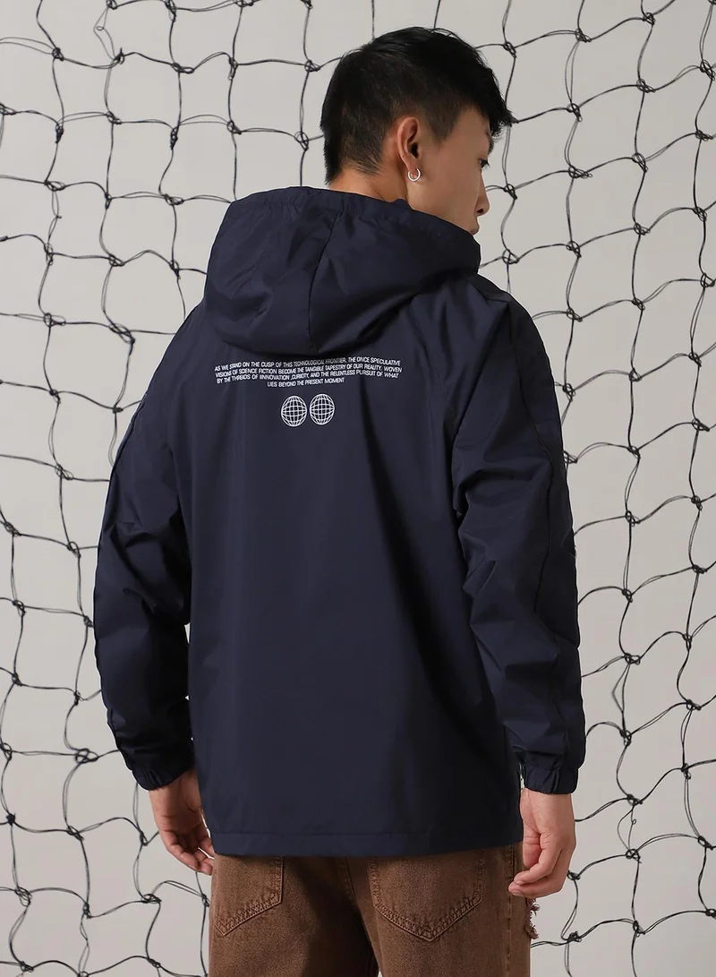 Hubberholme Men's Navy 100% Polyester Printed Oversized Jacket