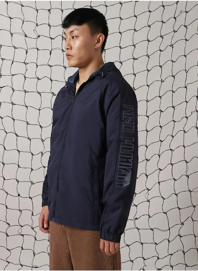 Hubberholme Men's Navy 100% Polyester Printed Oversized Jacket