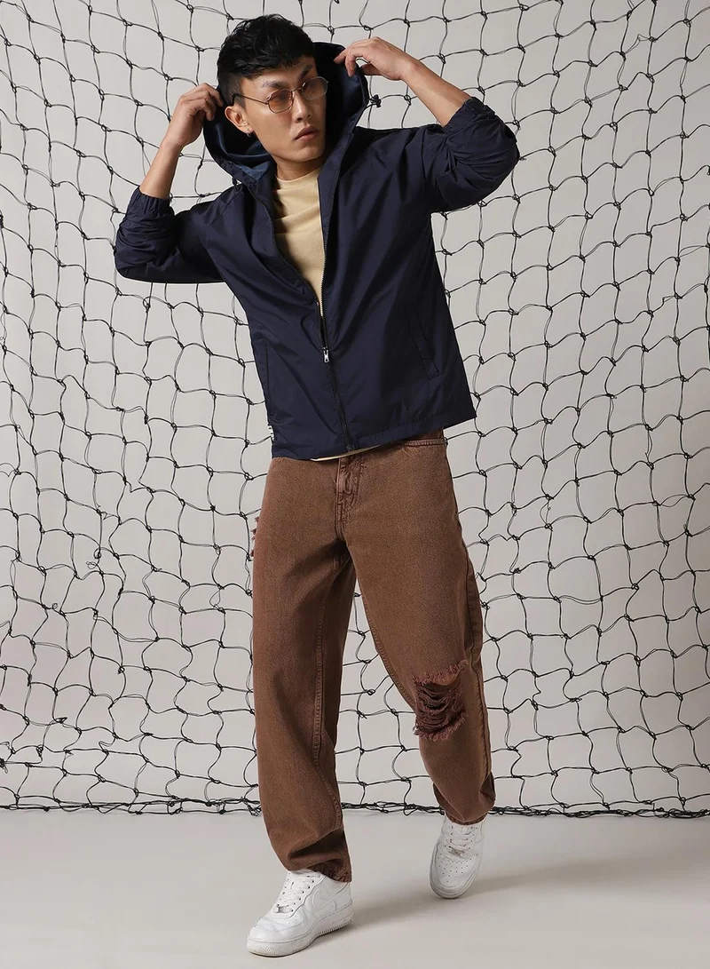 Hubberholme Men's Navy 100% Polyester Printed Oversized Jacket