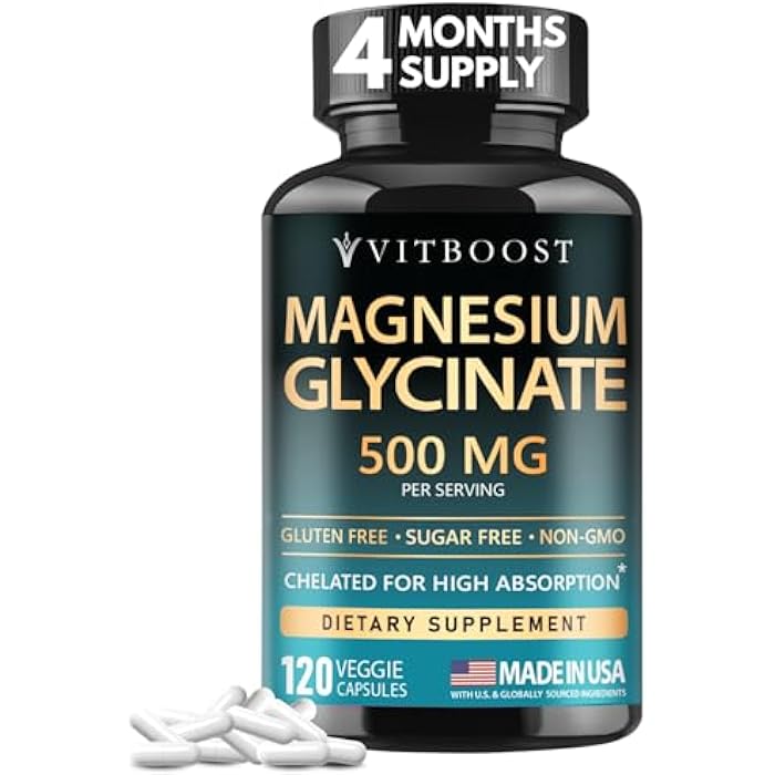VITBOOST Magnesium Glycinate 500mg - High Absorption Chelated Supplement - Supports Sleep, Muscle Recovery & Heart Health - Non-GMO, Vegan - 120 Capsules - Made in USA - Image 1