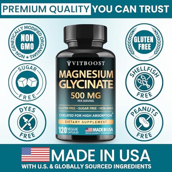 VITBOOST Magnesium Glycinate 500mg - High Absorption Chelated Supplement - Supports Sleep, Muscle Recovery & Heart Health - Non-GMO, Vegan - 120 Capsules - Made in USA - Image 3