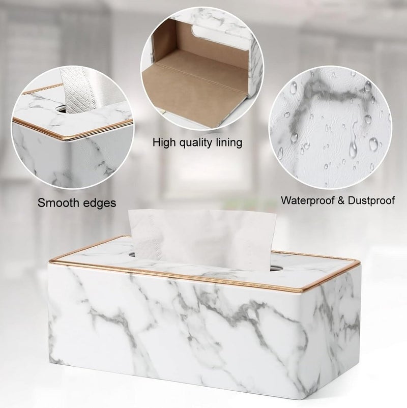 BLYPHOO Tissue Box Cover: Leather Tissue Box Holder for Car Office Home Hotel- Luxurious Napkin Dispenser, Large Durable Facial Dispenser Case for Bathroom, Bedroom, Living Room (Marble) - Image 3
