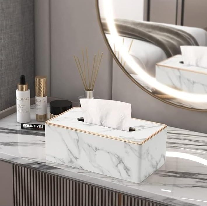 BLYPHOO Tissue Box Cover: Leather Tissue Box Holder for Car Office Home Hotel- Luxurious Napkin Dispenser, Large Durable Facial Dispenser Case for Bathroom, Bedroom, Living Room (Marble) - Image 5