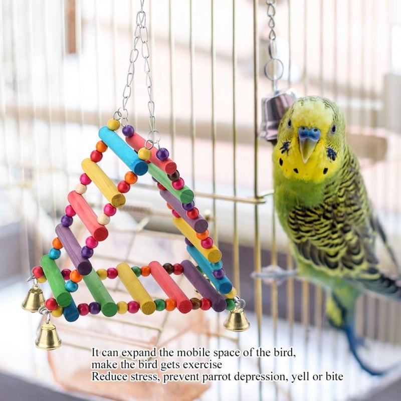 Bird Toy Set: Brightly Colored Wood Ladder Perch Stand Bridge Swing With Parrot Bells - Reduce Stress Stimulate Calling Easy Install for Caged Birds - Image 2