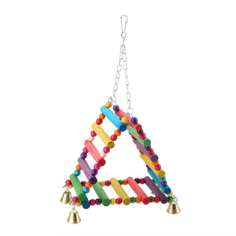 Bird Toy Set: Brightly Colored Wood Ladder Perch Stand Bridge Swing With Parrot Bells - Reduce Stress Stimulate Calling Easy Install for Caged Birds - Image 1