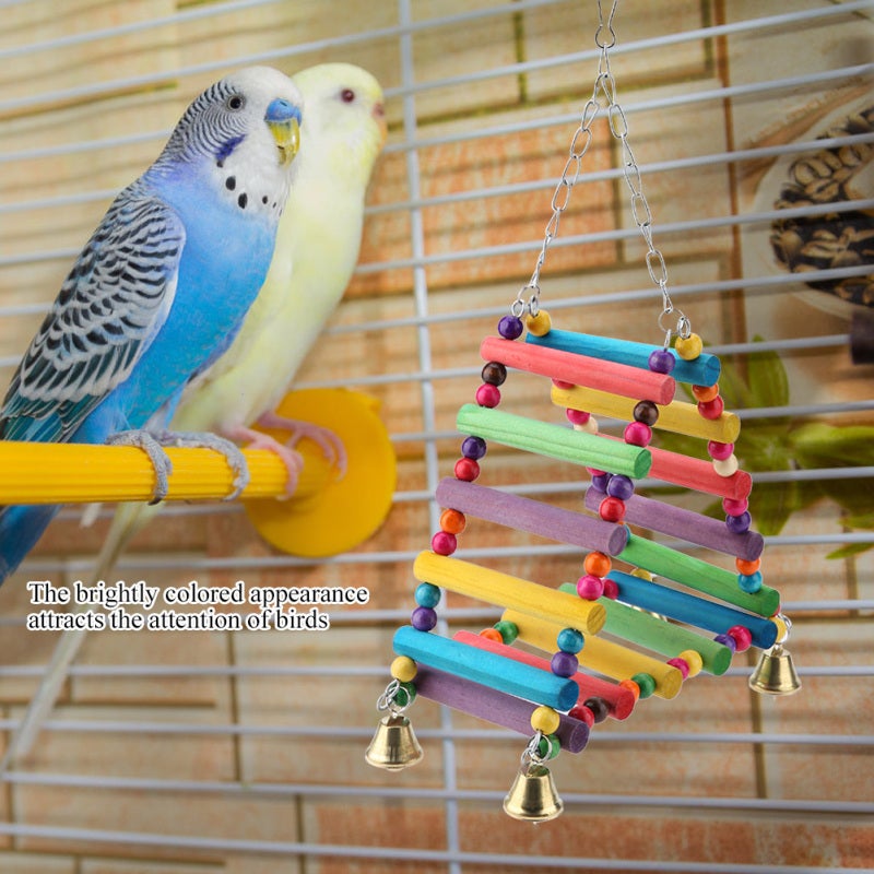 Bird Toy Set: Brightly Colored Wood Ladder Perch Stand Bridge Swing With Parrot Bells - Reduce Stress Stimulate Calling Easy Install for Caged Birds - Image 3