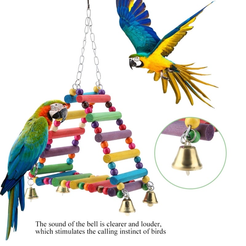 Bird Toy Set: Brightly Colored Wood Ladder Perch Stand Bridge Swing With Parrot Bells - Reduce Stress Stimulate Calling Easy Install for Caged Birds - Image 5